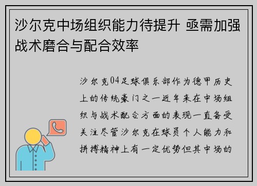 沙尔克中场组织能力待提升 亟需加强战术磨合与配合效率 沙尔克中场组织能力待提升 亟需加强战术磨合与配合效率