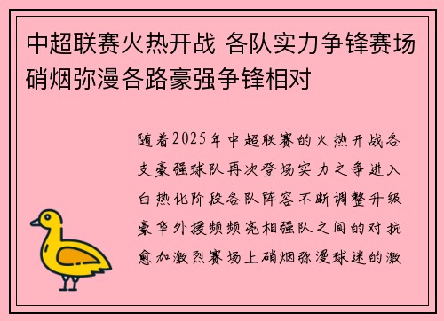 中超联赛火热开战 各队实力争锋赛场硝烟弥漫各路豪强争锋相对