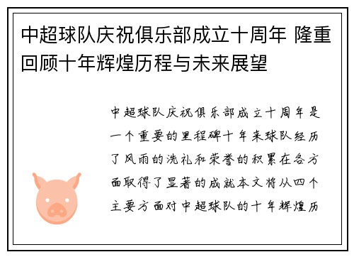 中超球队庆祝俱乐部成立十周年 隆重回顾十年辉煌历程与未来展望