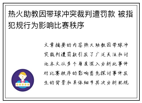 热火助教因带球冲突裁判遭罚款 被指犯规行为影响比赛秩序